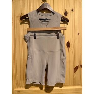 Move Theology Womens Ribbed Activewear Set Tan Crop Tank Biker Shorts Size M